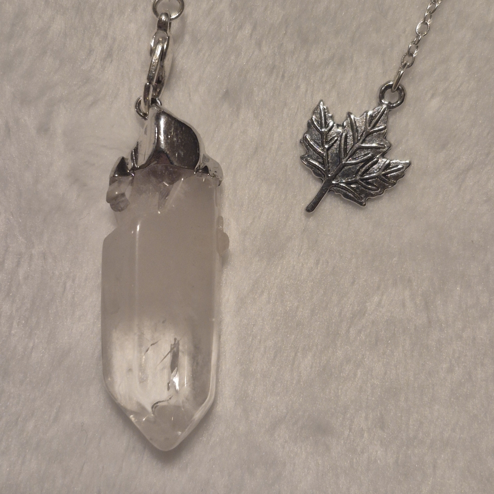 Silver Pendant Necklace with Quartz Crystal And Leaf Charm